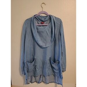 TooFan Womens L Tencel Top Cowl Neck‎ Tunic Pockets Blue Long Sleeve Flowy Soft
